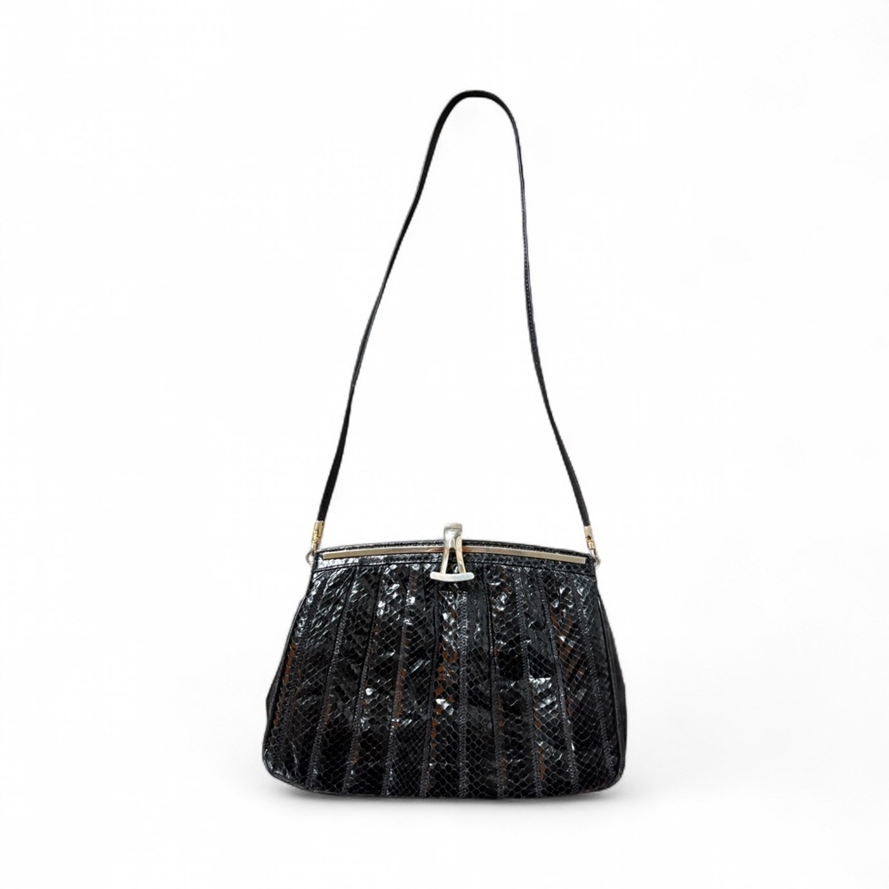 VINTAGE BLACK SNAKE EMBOSSED LEATHER CLUTCH SHOULDER BAG WOMAN